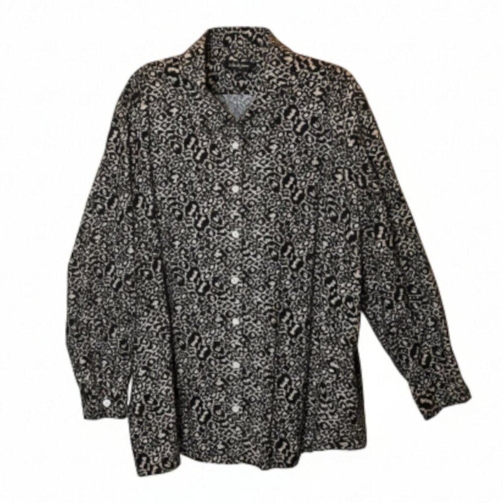 Ulla Popken Animal Print Blouse 24/26 Plus Button Front Tunic Long Sleeve Black